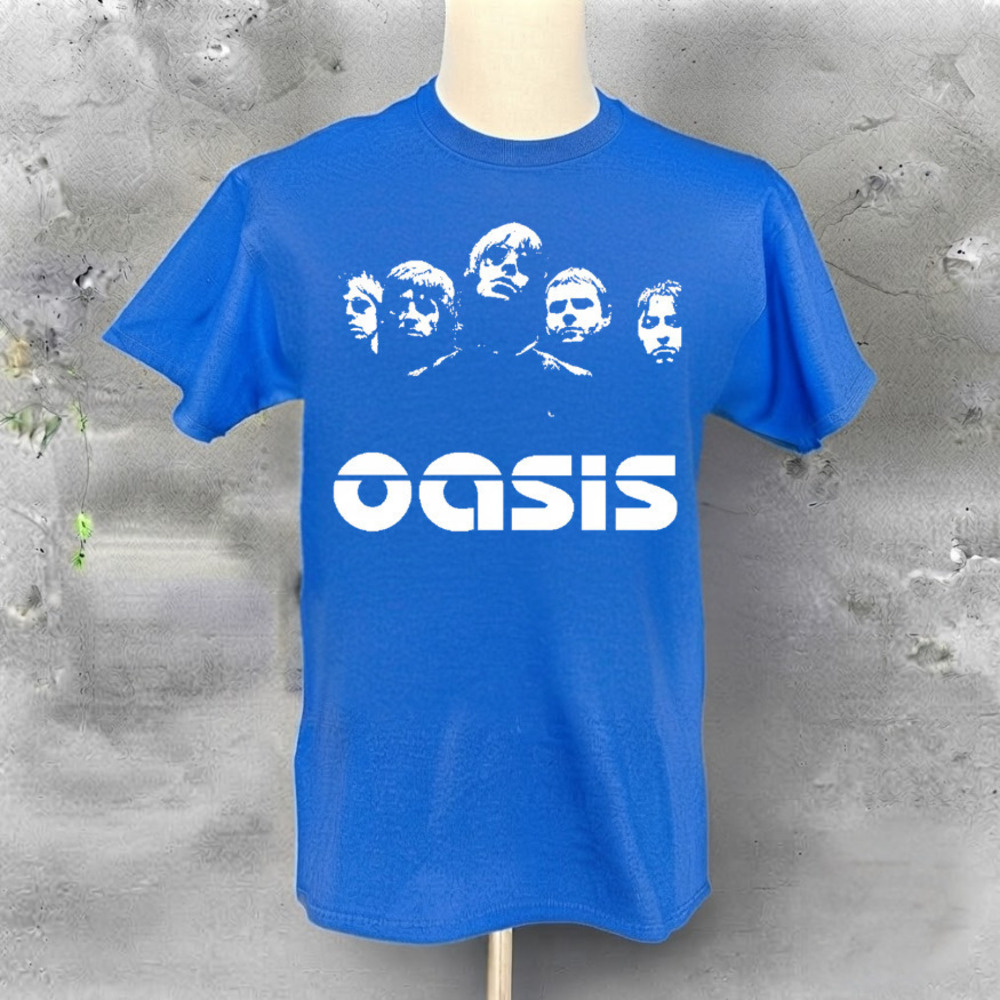 Oasis Band Members Portraits Logo Vintage Blue T-Shirt